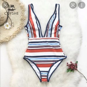 Nwt- colorful striped plunging one piece swimsuit- Medium- Cupshe